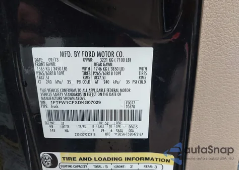 2013 Ford F-150 Lariat из США, поврежденный, VIN 1FTFW1CFXDKG07029